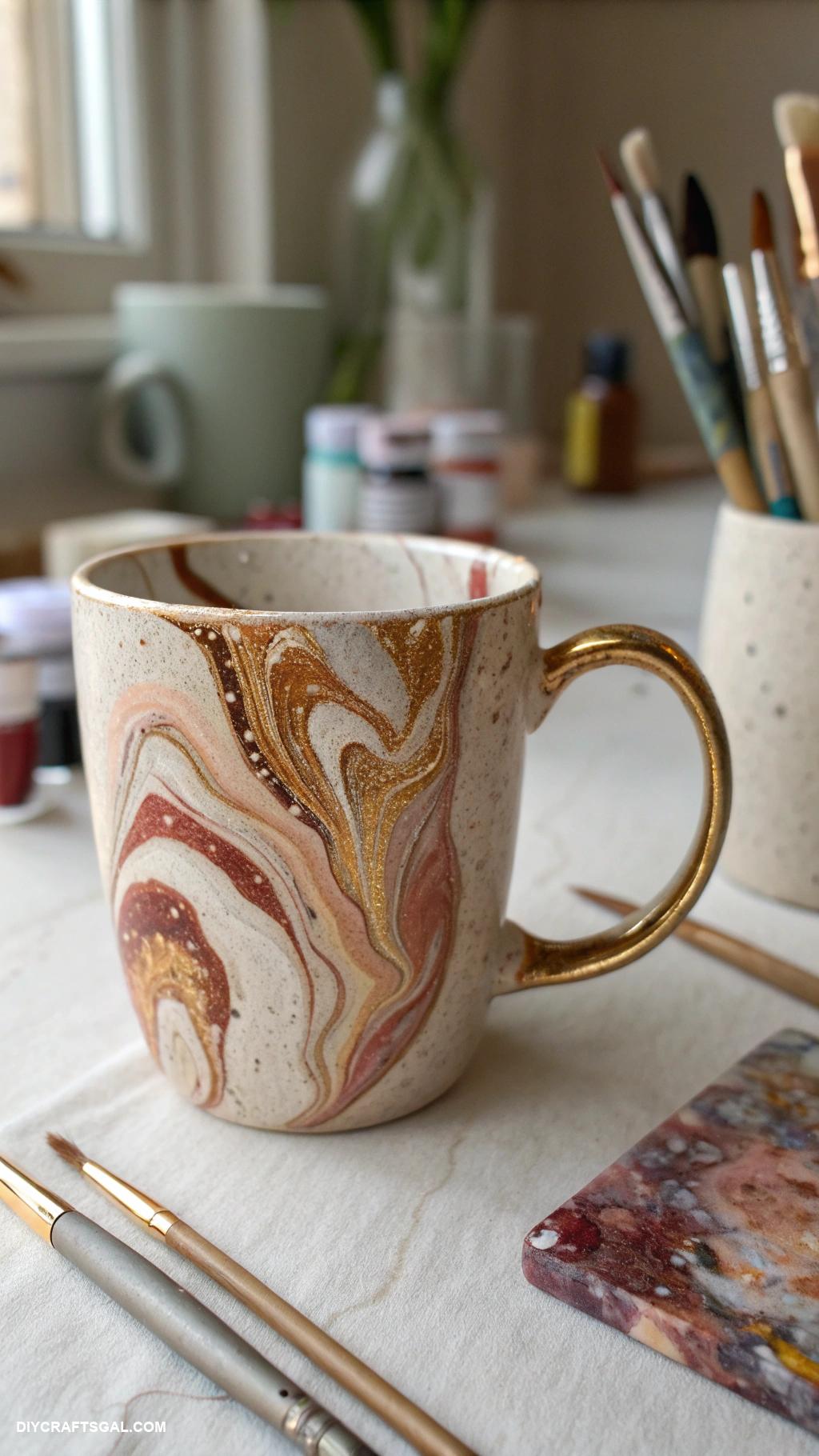 handmade mug Marbled clay with metallic accents