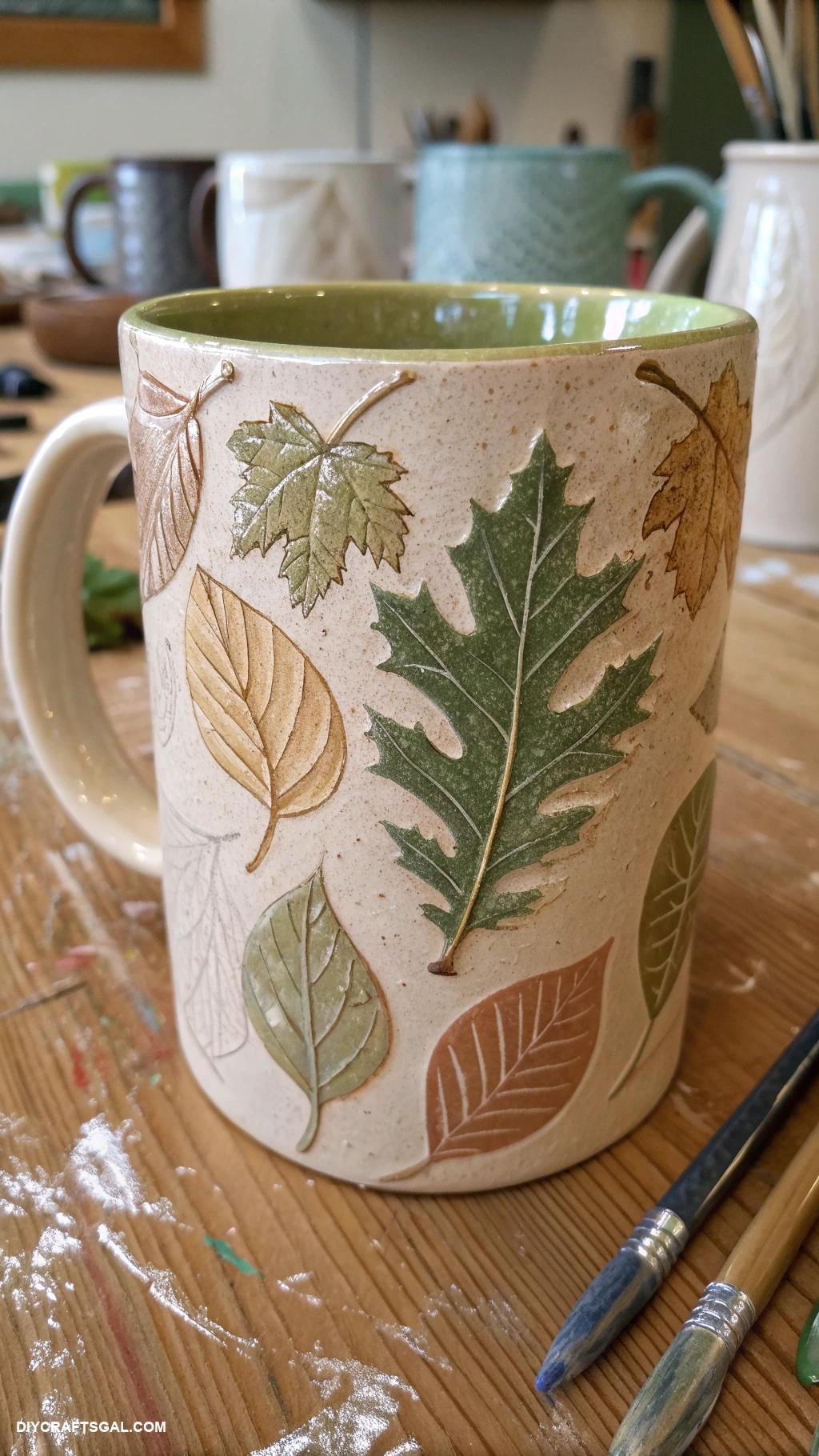 handmade mug Nature inspired leaf imprint design
