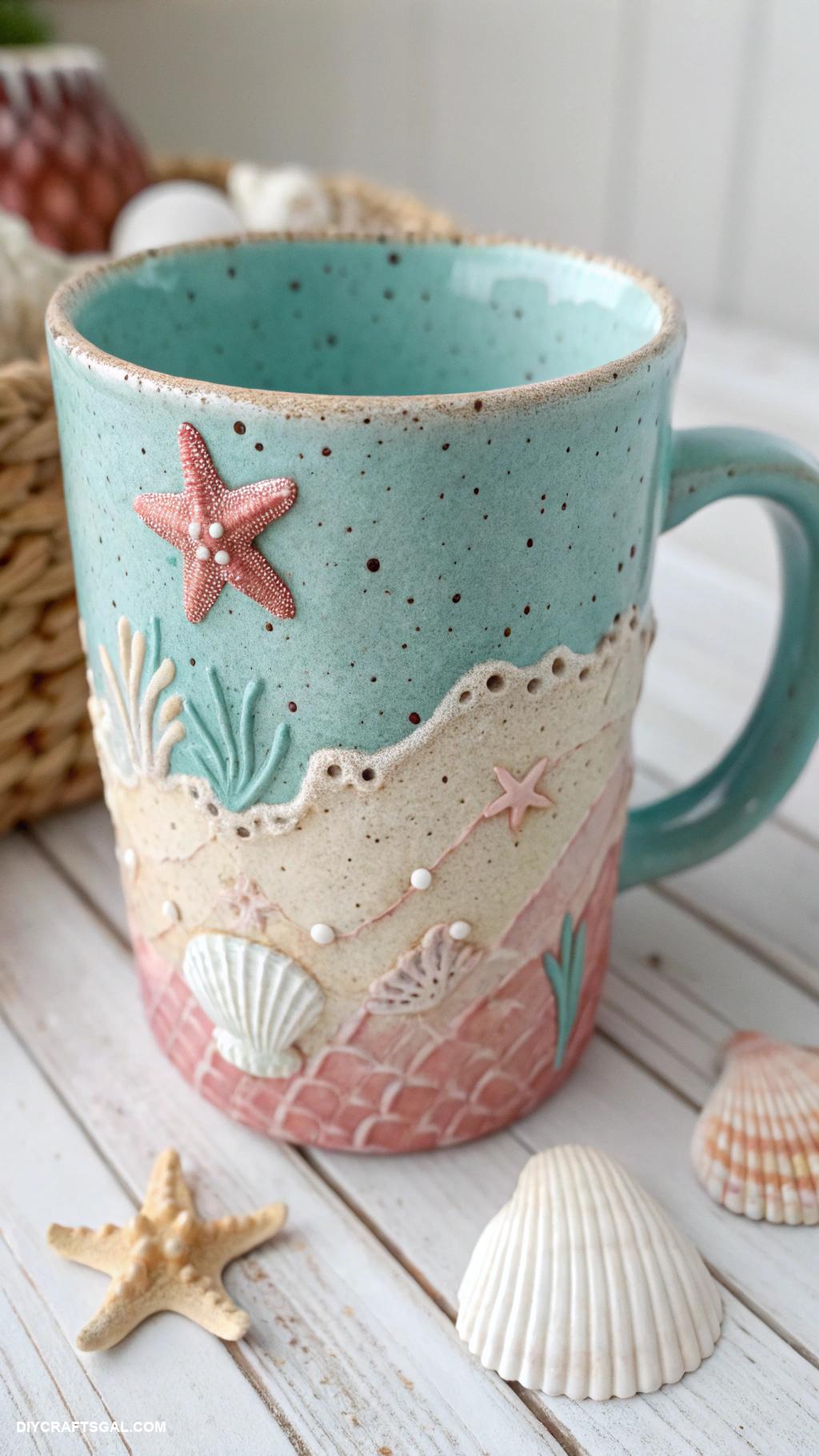 handmade mug Nautical theme with seashell decorations