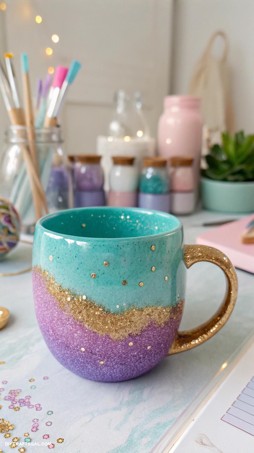 handmade mug Whimsical glitter dip technique