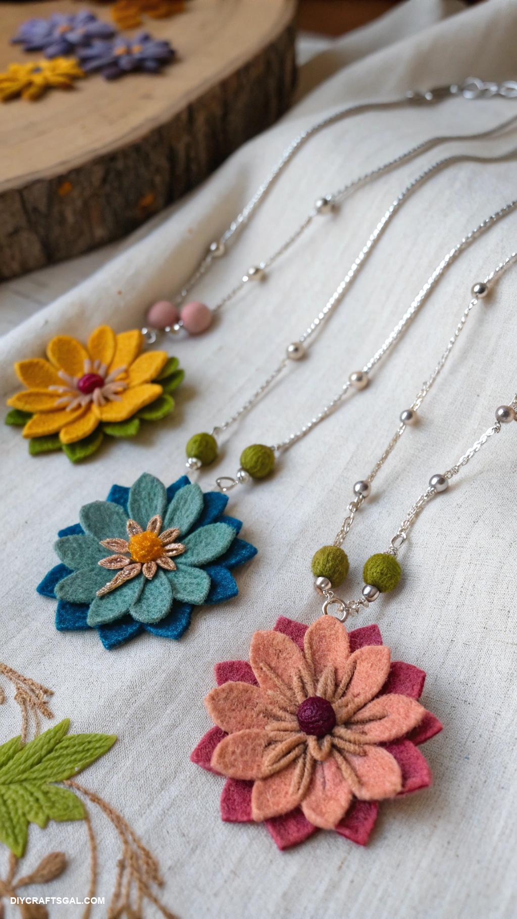handmade necklaces Felt flowers on a chain
