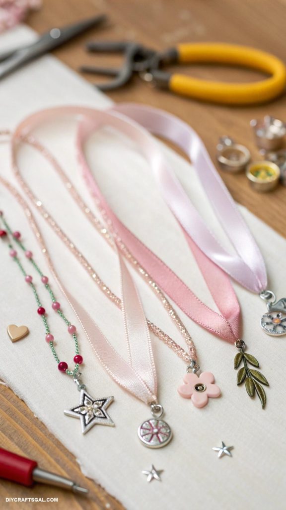 handmade necklaces Simple charms on a silk ribbon