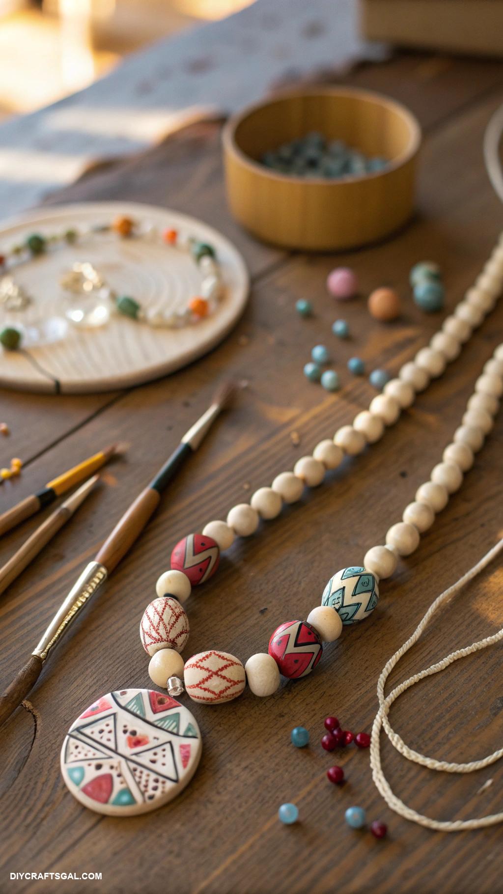 handmade necklaces Wooden bead painted abstract design