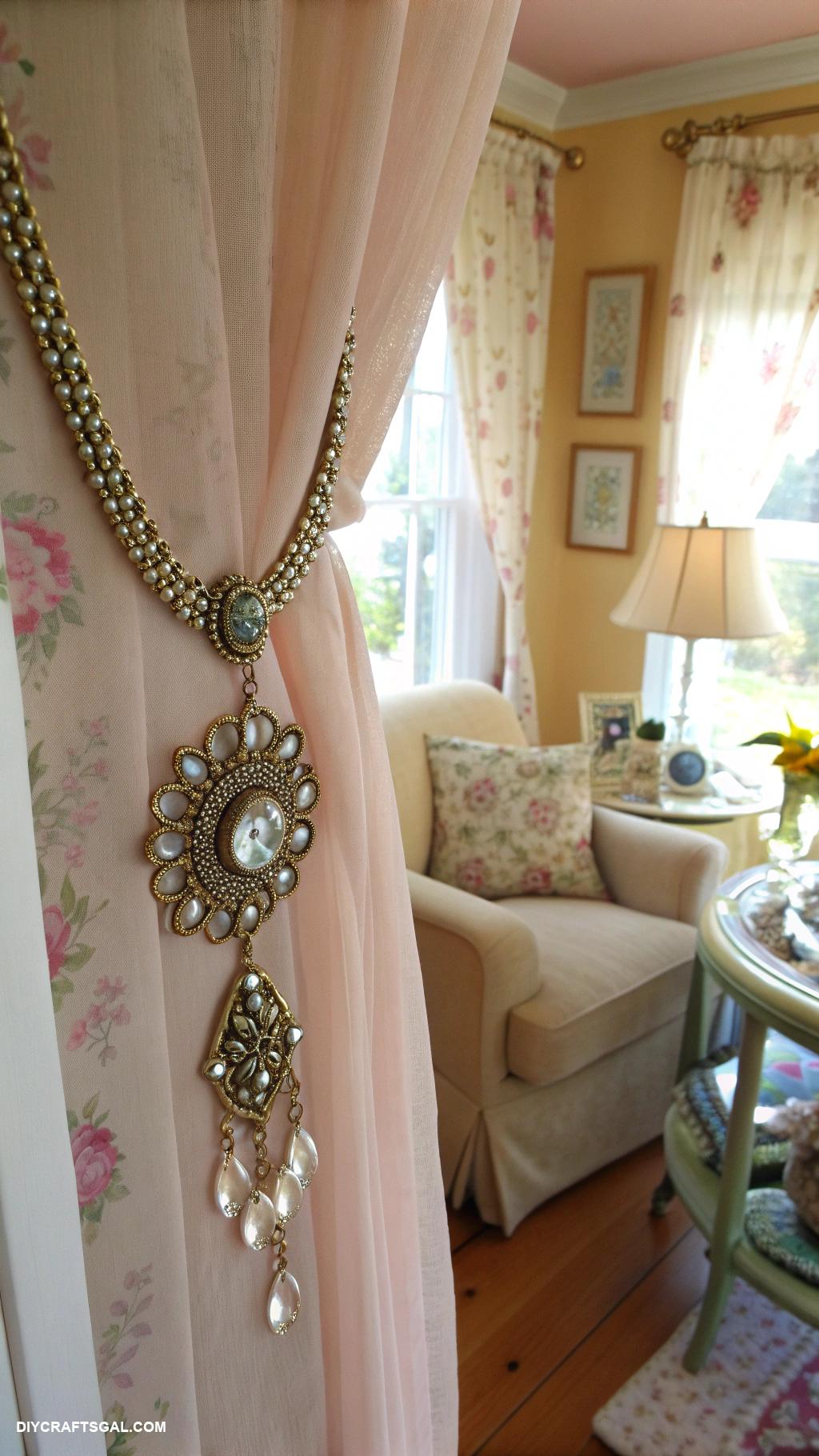 vintage jewelry repurposed Repurpose necklaces as decorative curtain ties