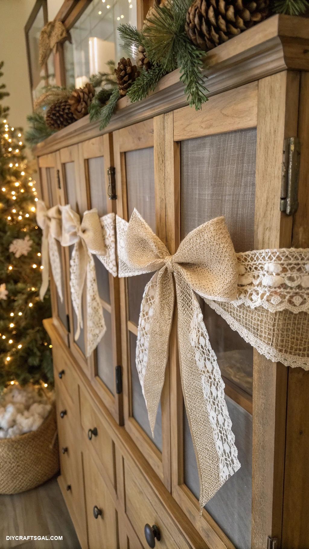 bows on christmas cabinets Burlap and lace bow for farmhouse style