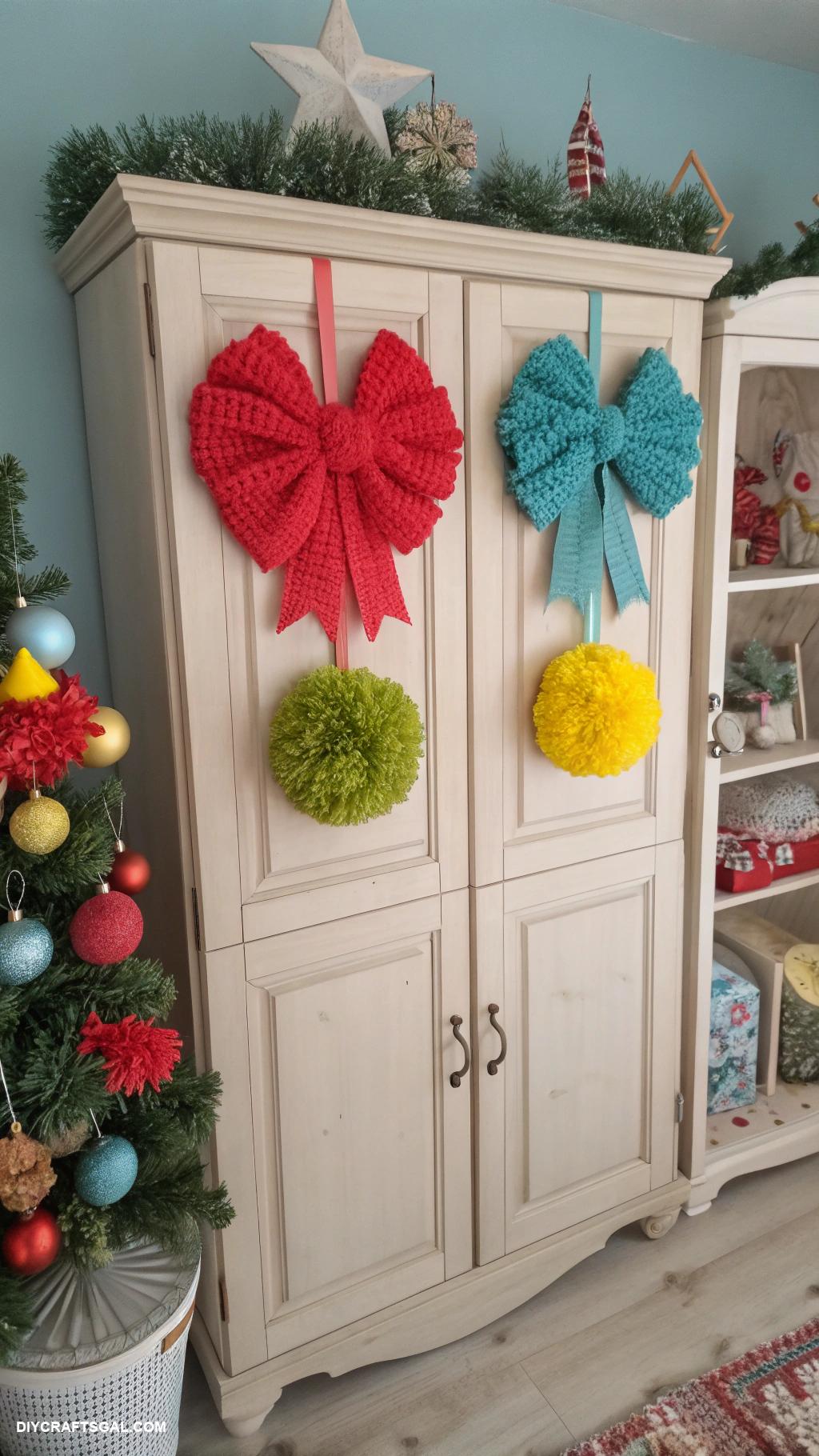 bows on christmas cabinets Colorful yarn pom pom bow for fun texture