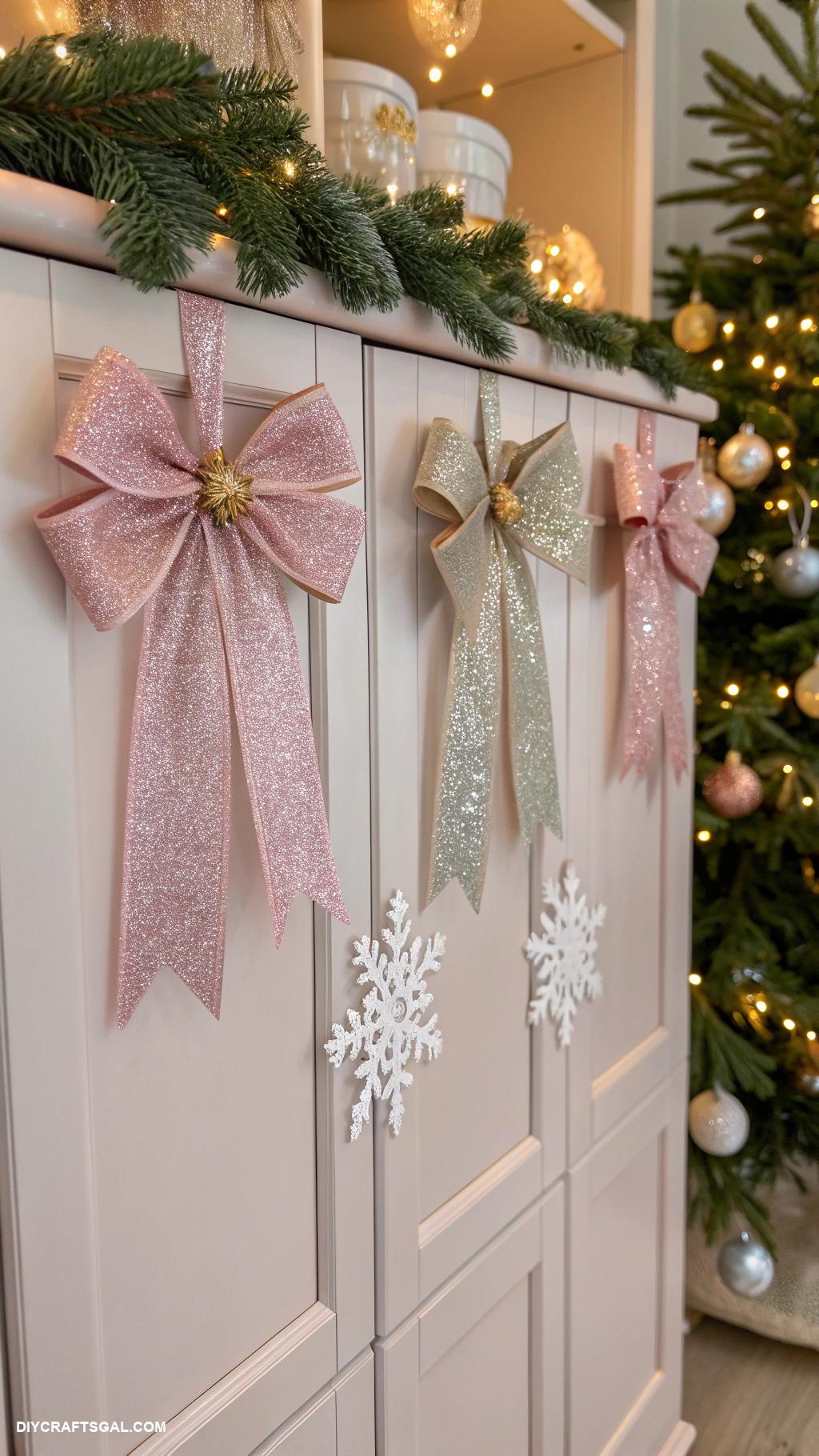 bows on christmas cabinets Glittery ribbon bow for a shimmer effect
