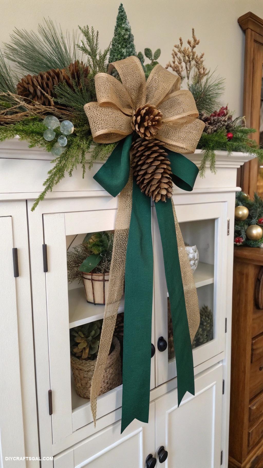 bows on christmas cabinets Pinecone center bow for woodland theme