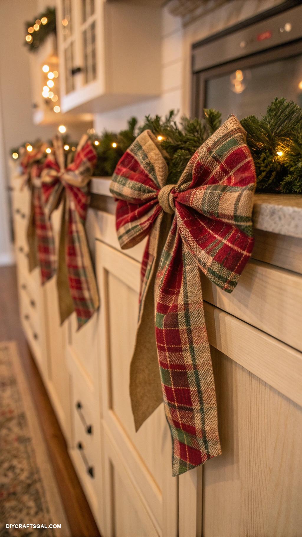 bows on christmas cabinets Plaid fabric bow for cozy warmth