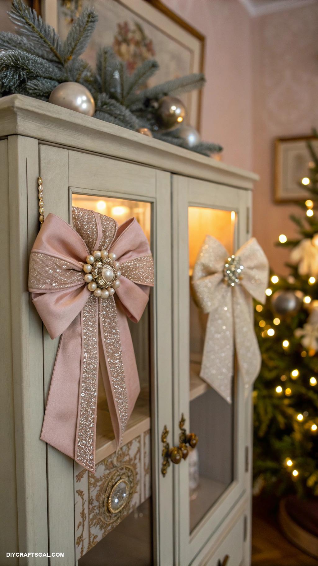 bows on christmas cabinets Vintage brooch bow for elegant touch