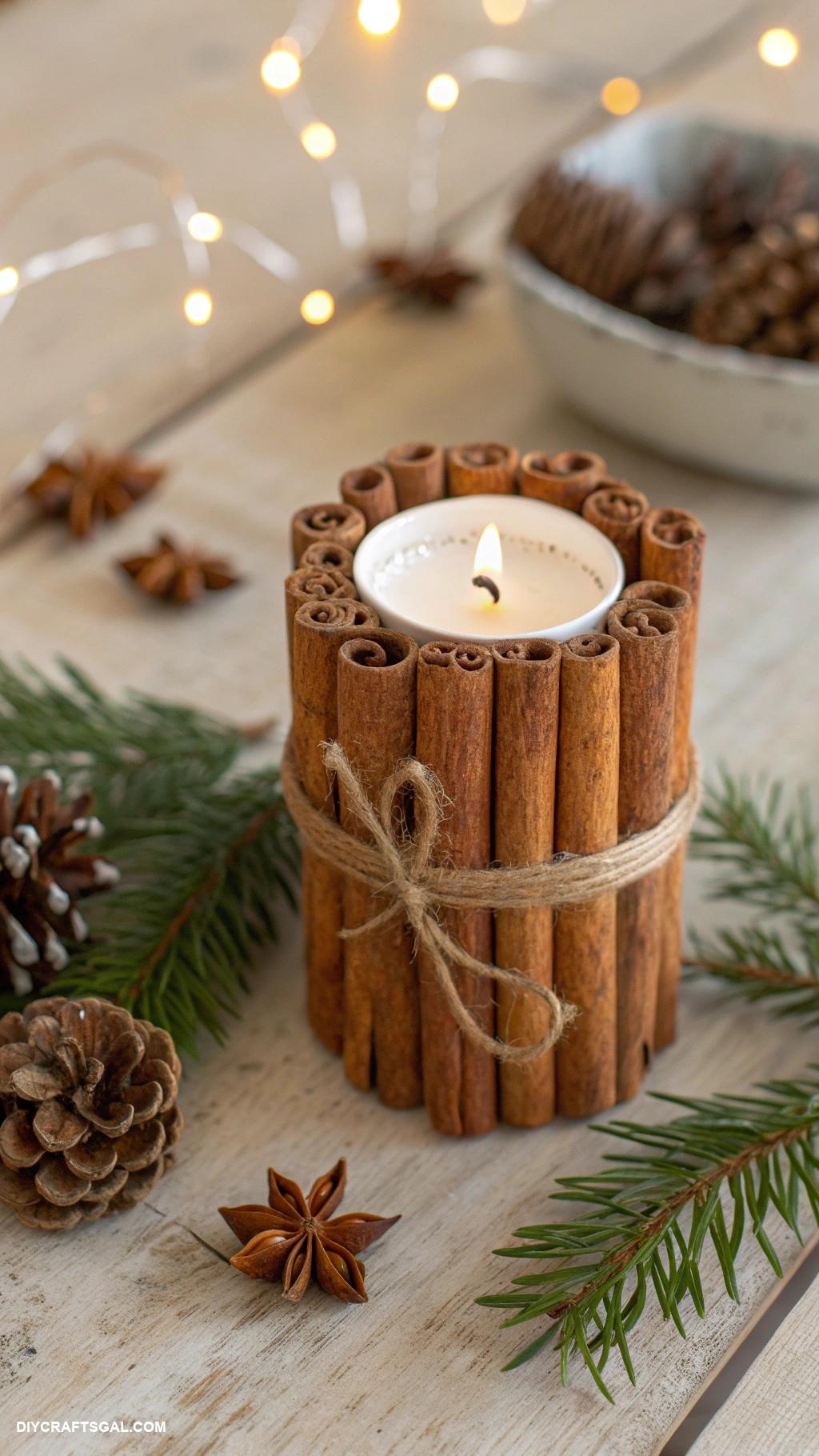 cheap christmas crafts Cinnamon stick and twine candle holders