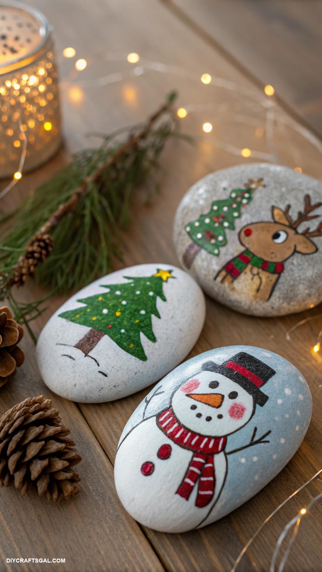 cheap christmas crafts Hand painted rocks as holiday decorations
