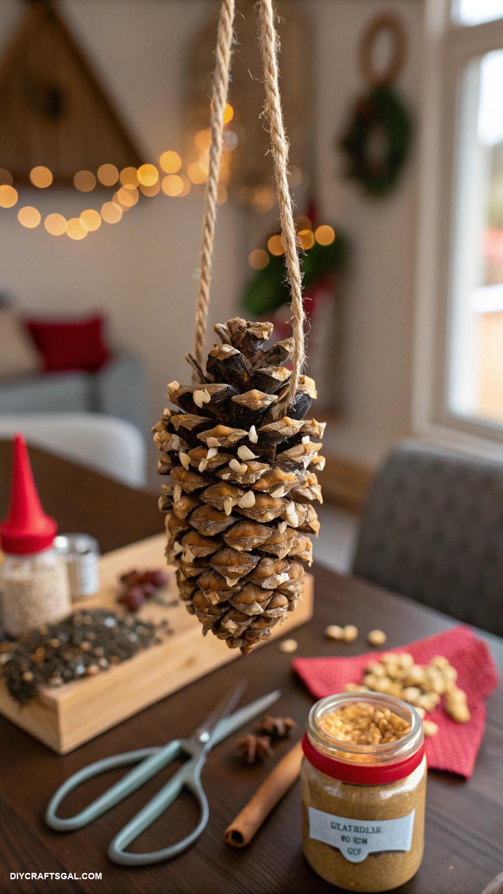 cheap christmas crafts Pinecone bird feeders with peanut butter