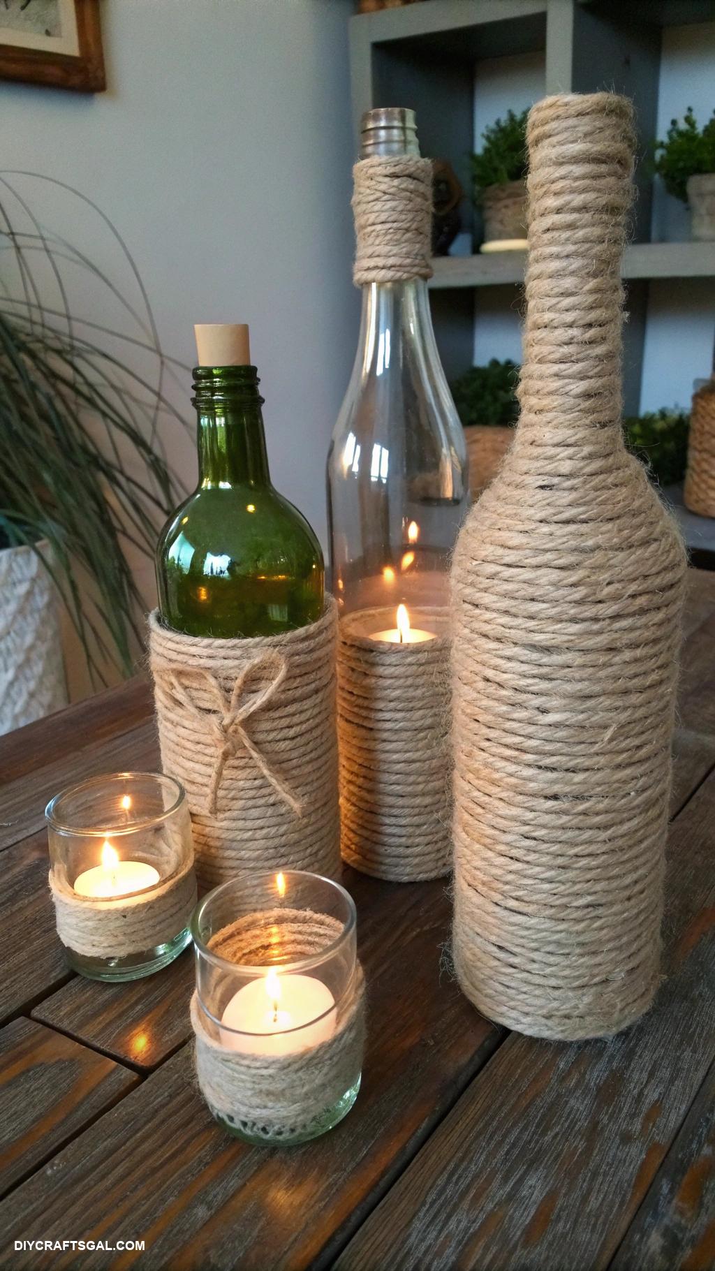 cheap diy home decor Twine wrapped bottles for stylish candle holders