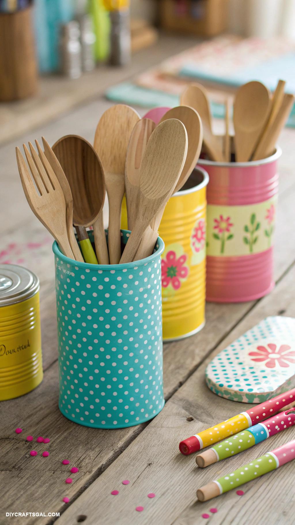 cheap diy home decor Upcycled tin cans as colorful utensil holders