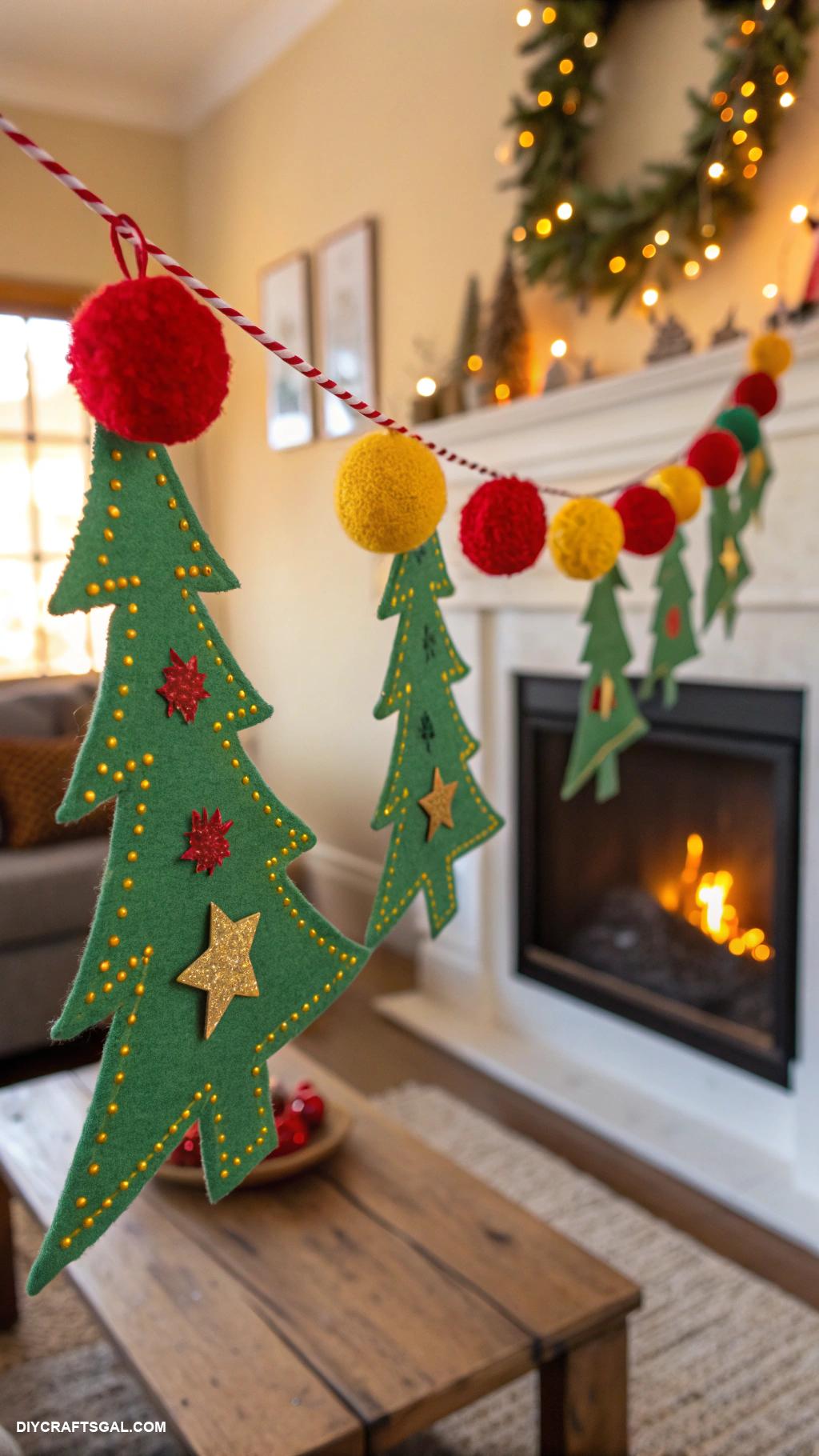 christmas diy crafts Felt Christmas tree garland with pom poms