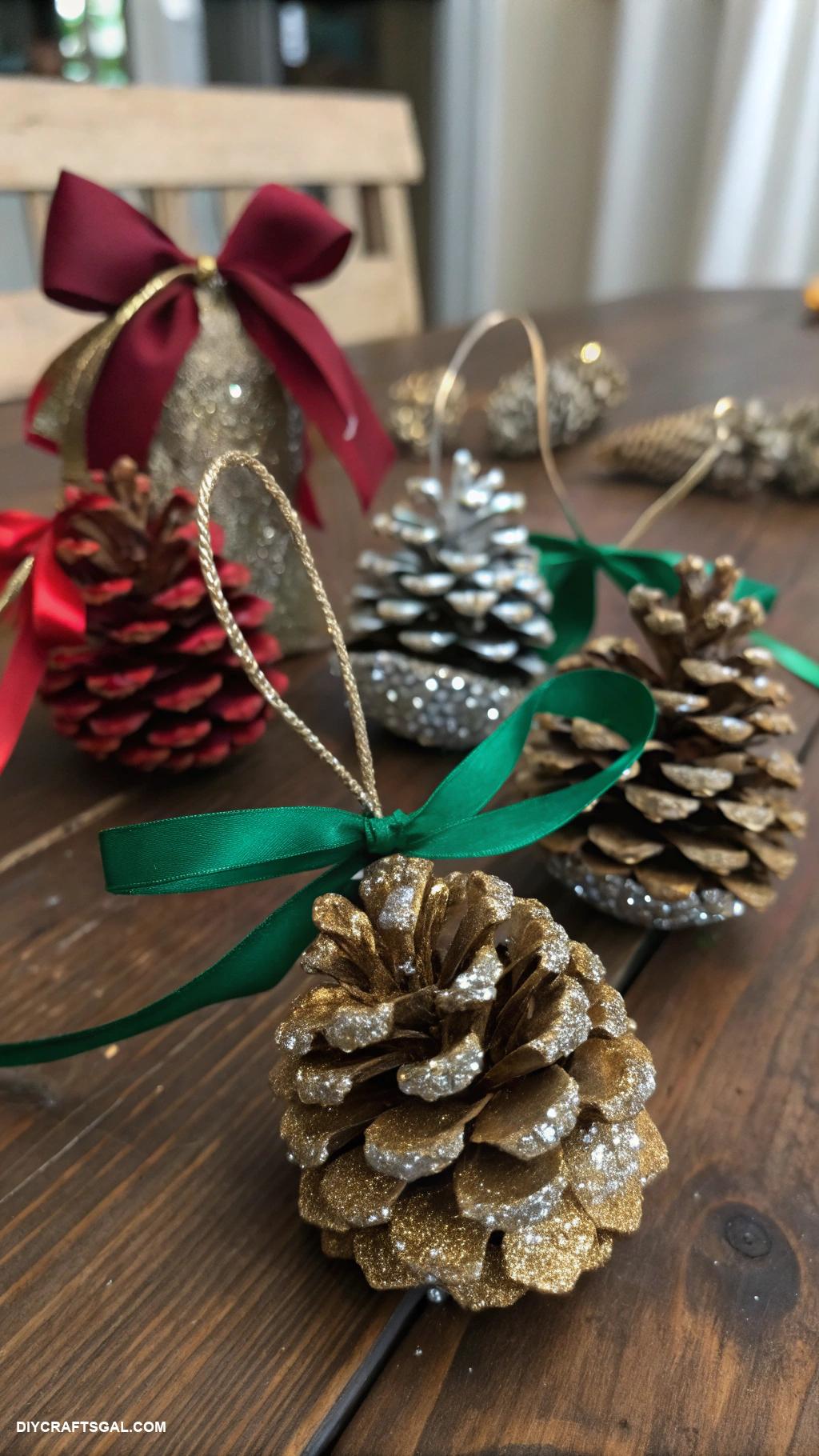 christmas diy crafts Pinecone ornaments with glitter and ribbon