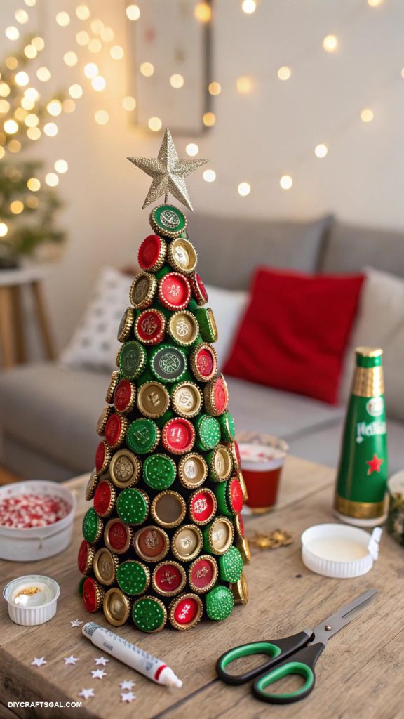 christmas diy crafts Upcycled bottle cap Christmas tree