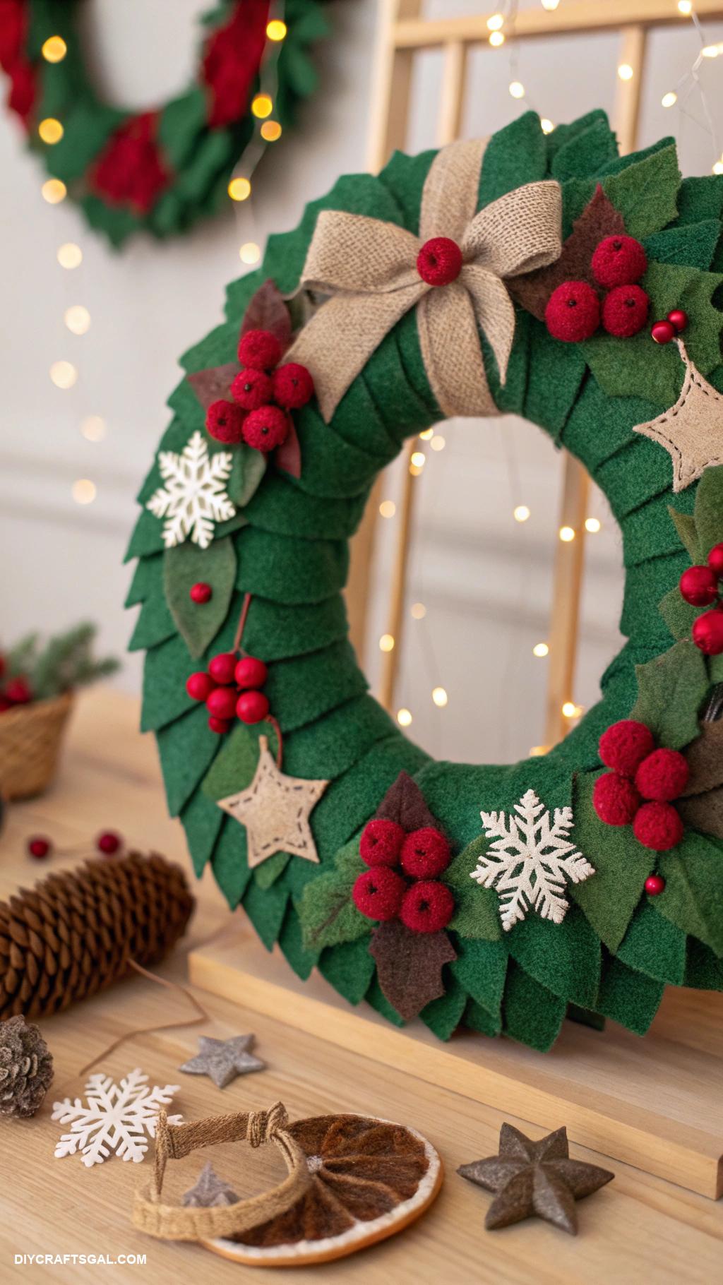 christmas felt crafts Decorative felt wreath with seasonal embellishments
