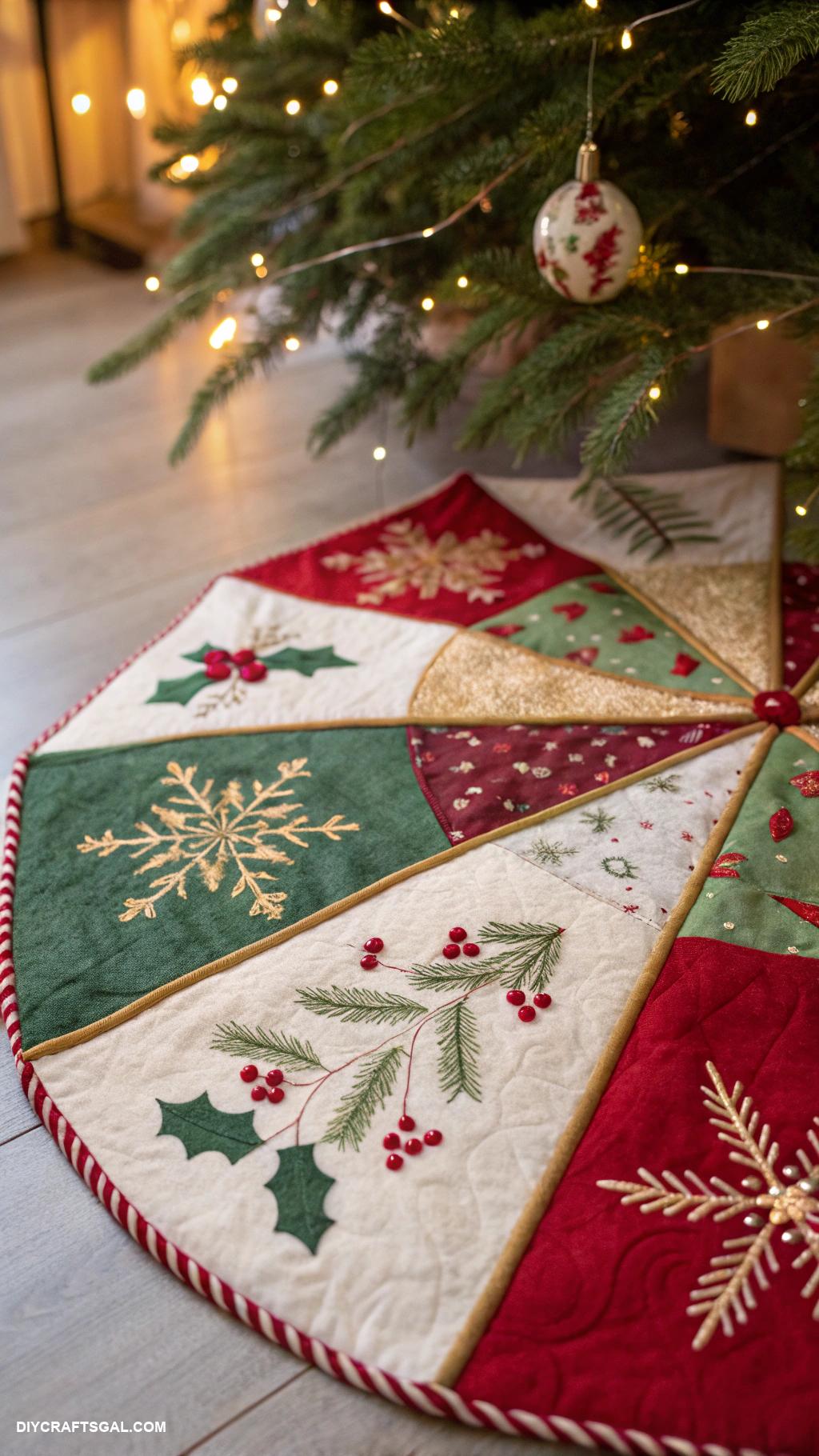 christmas sewing projects Patchwork tree skirt from festive fabrics