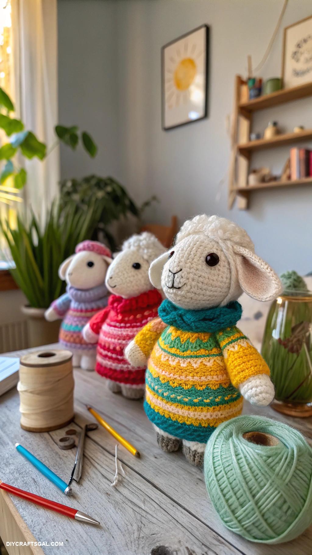 crochet farm animals Amigurumi sheep with colorful wool sweater