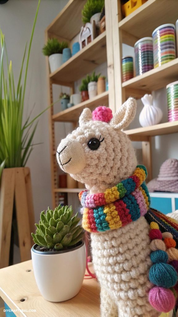 crochet farm animals Playful crochet alpaca with pom pom scarf
