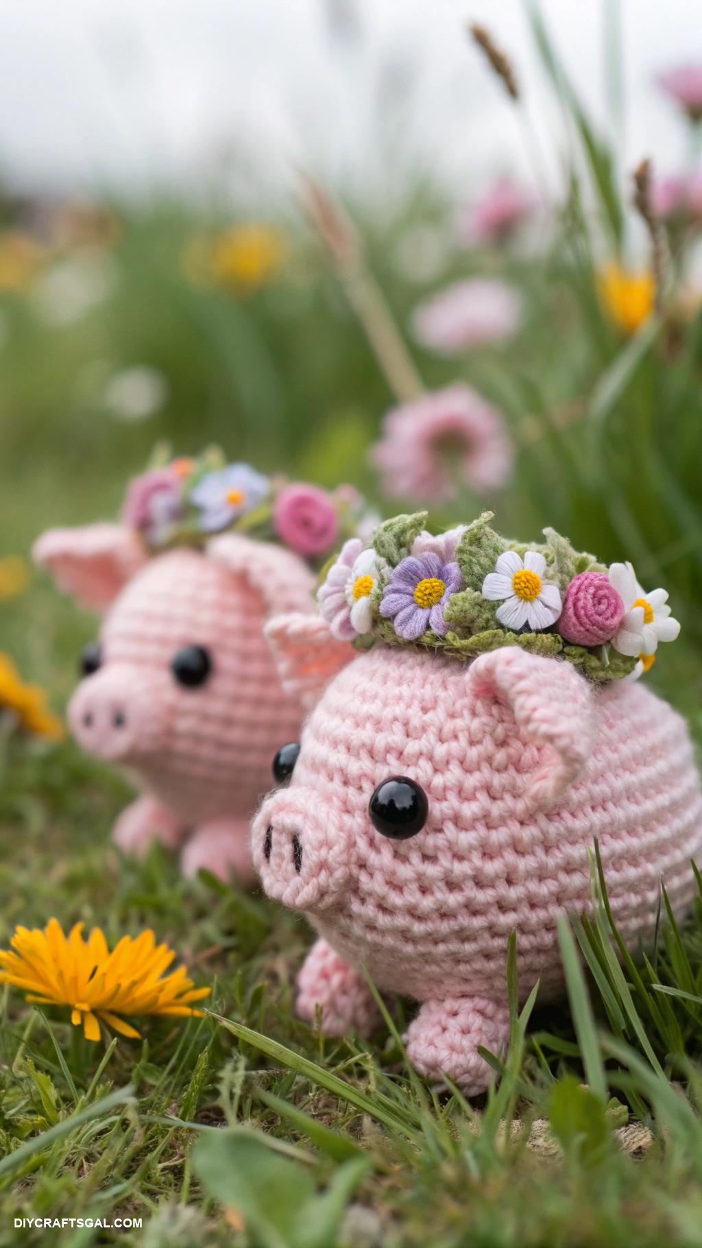 crochet farm animals Tiny crochet piglets with flower crowns