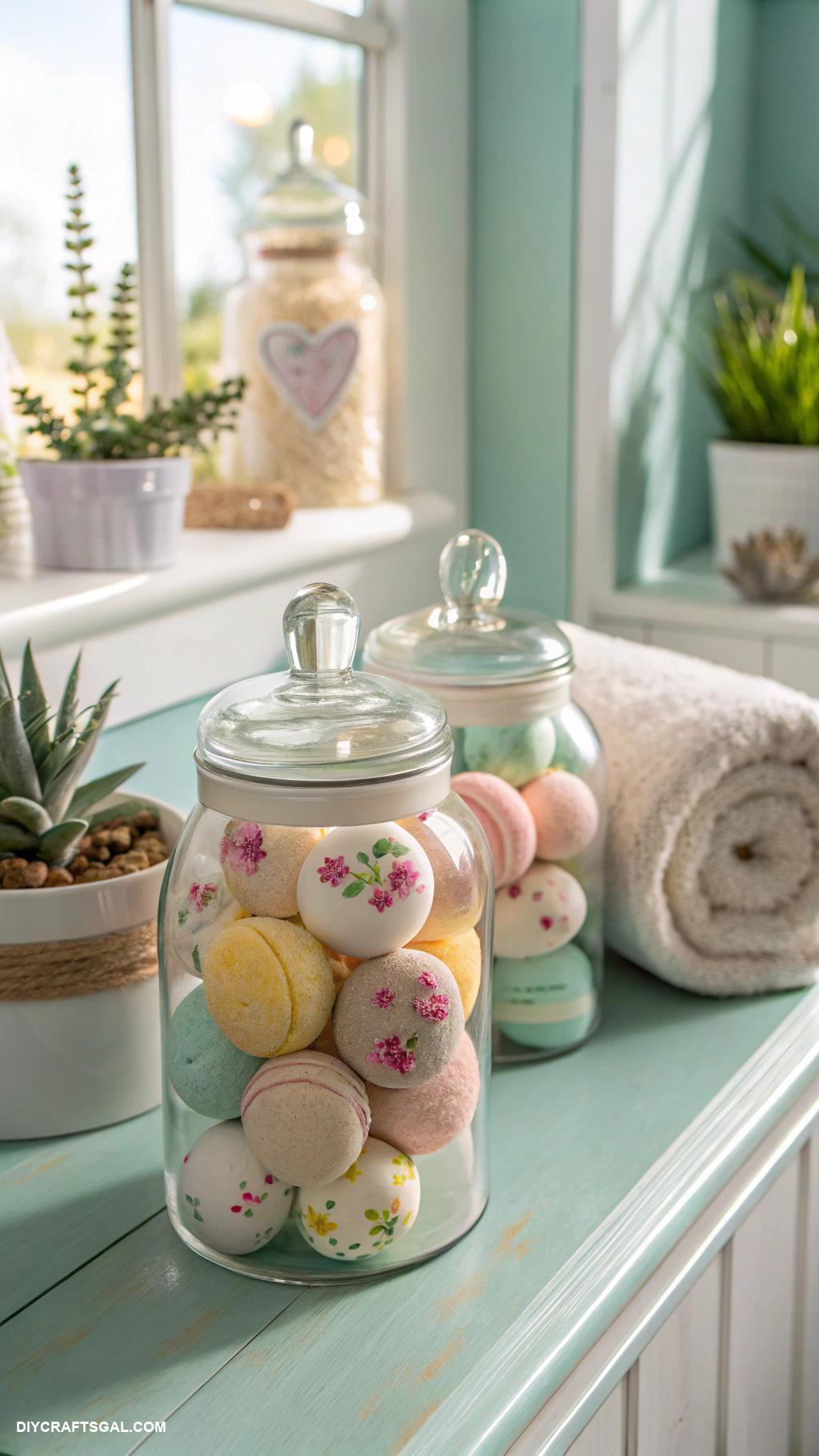 diy bathroom decor Crafted bath bomb display jars
