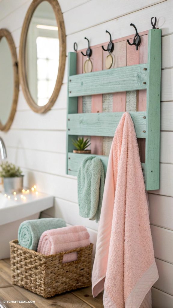 diy bathroom decor Painted wood pallet towel rack