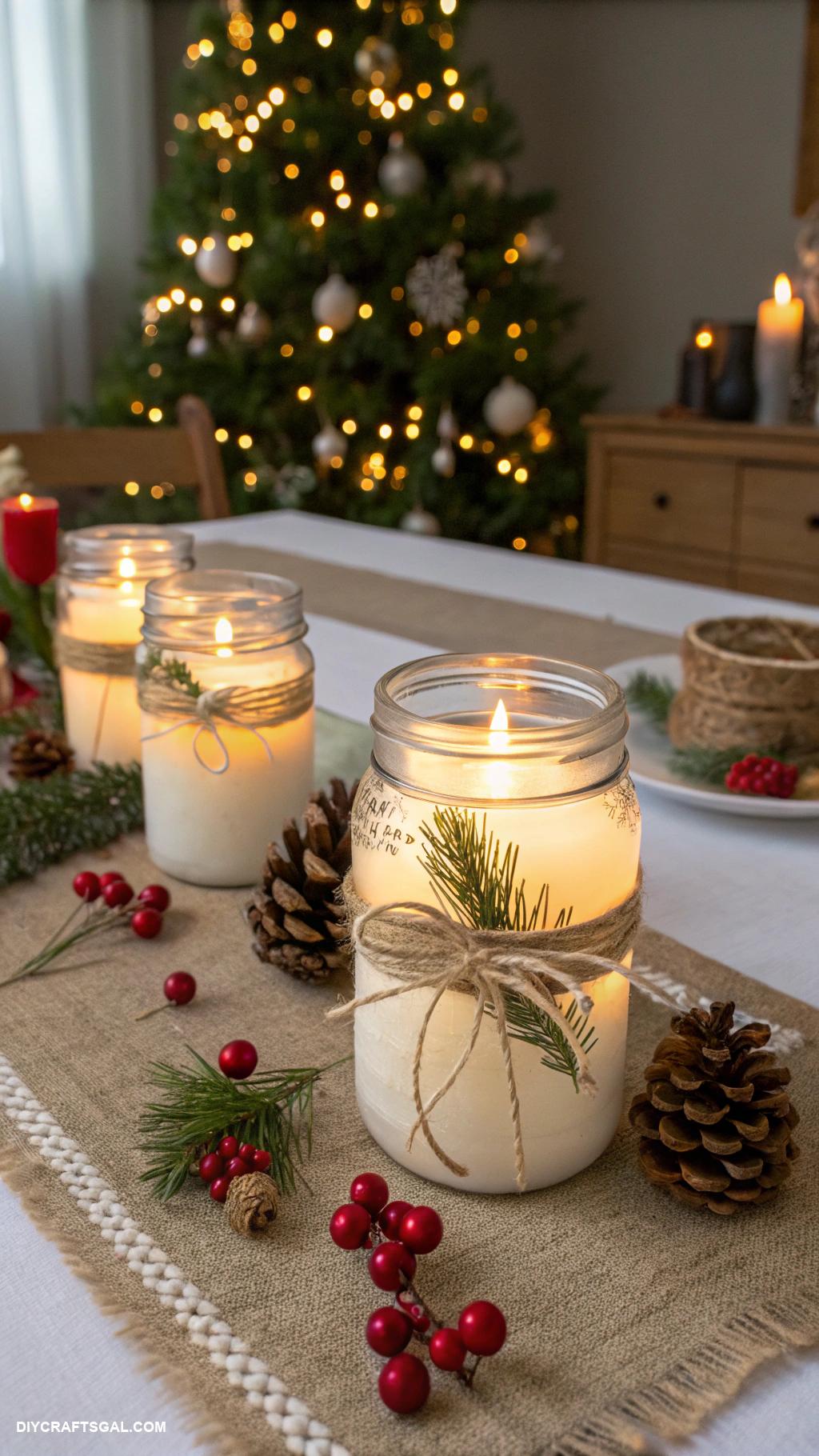 diy christmas dinner table decor Mason jar candle centerpieces
