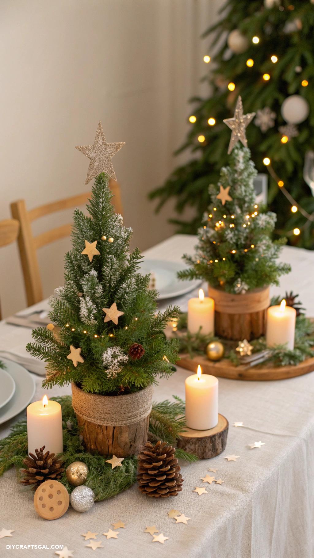diy christmas dinner table decor Mini Christmas tree centerpieces