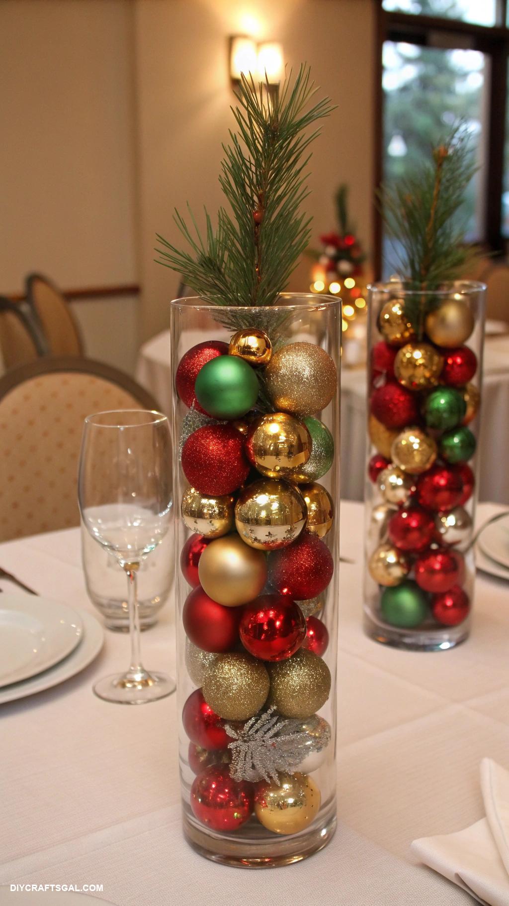 diy christmas dinner table decor Ornament filled glass vase centerpieces