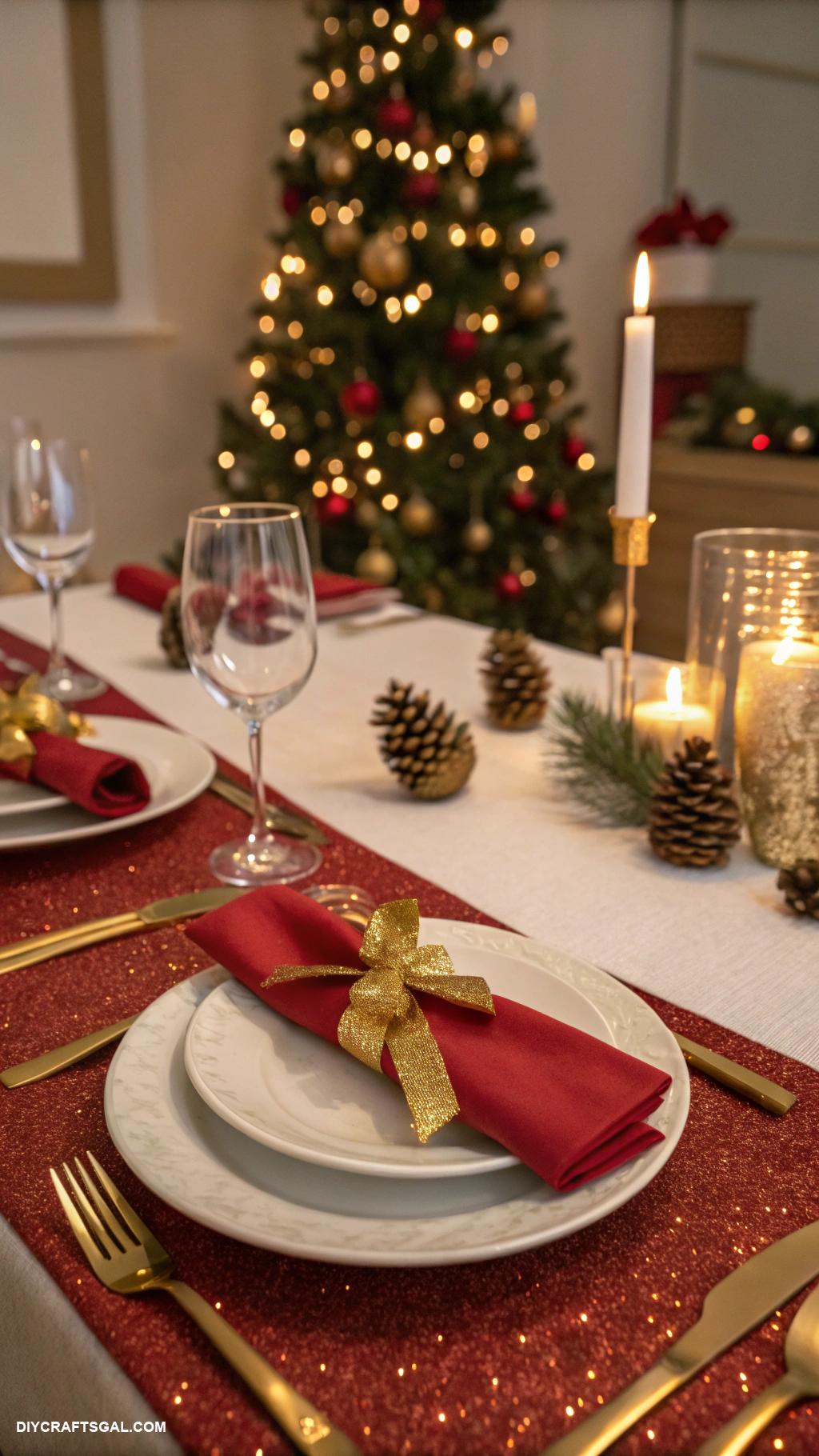 diy christmas dinner table decor Red and gold glitter table runner
