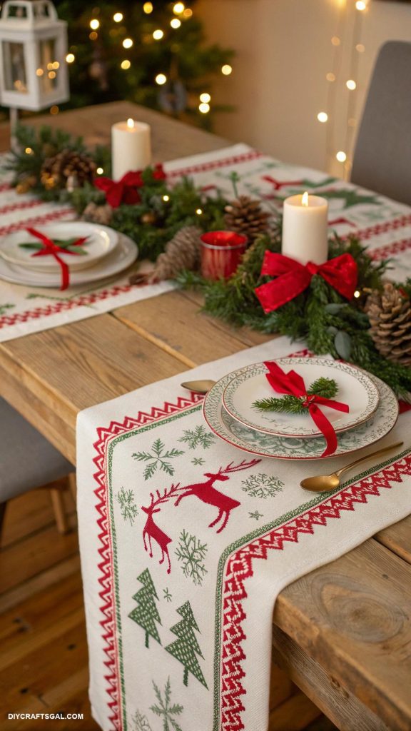 diy christmas table setting ideas Christmas sweater fabric table runners