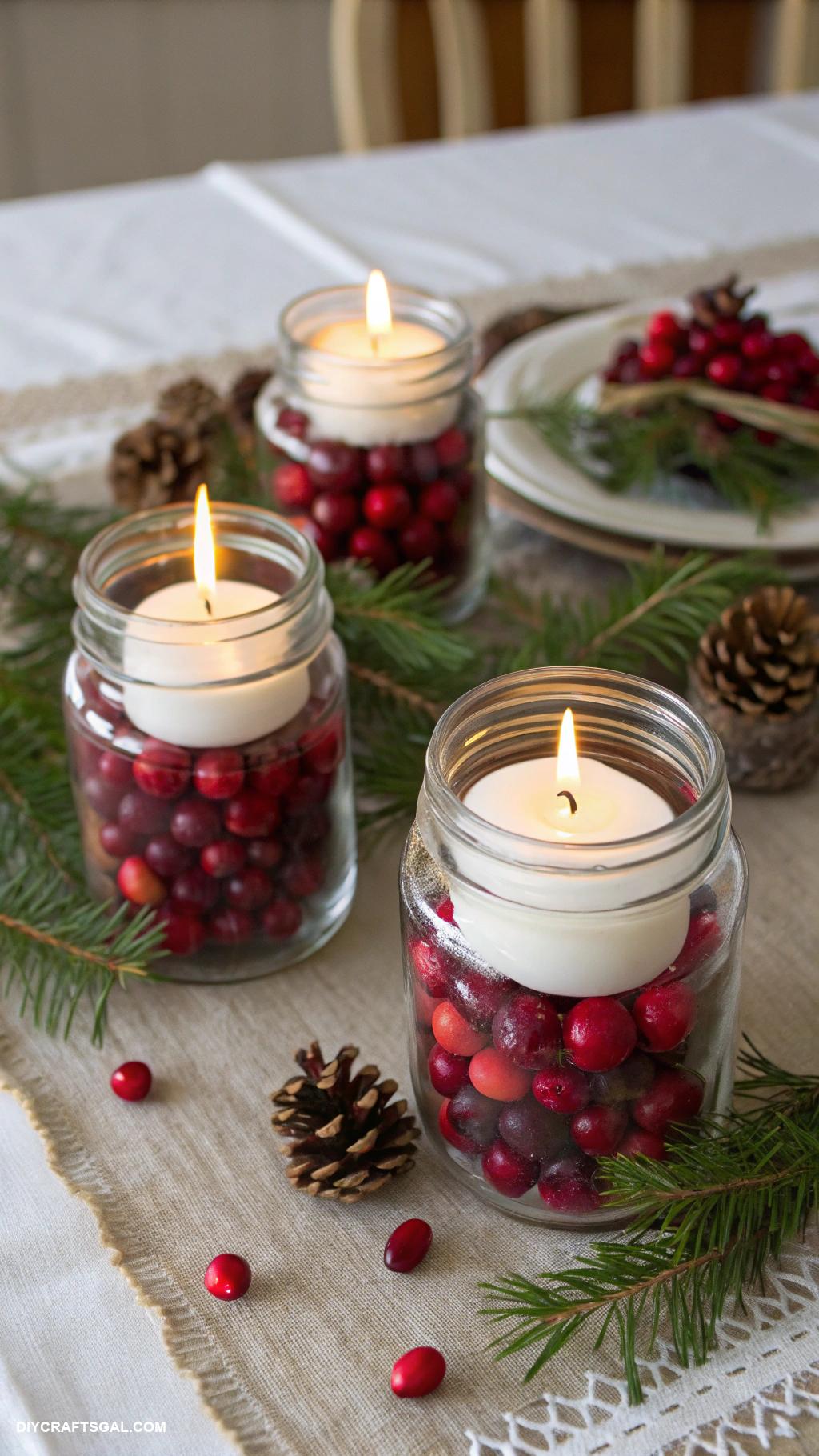 diy christmas table setting ideas Cranberry and candle filled glass jars