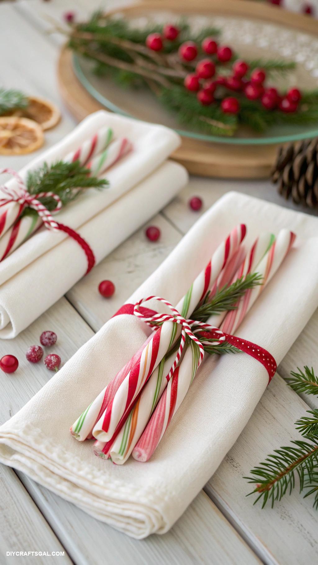 diy christmas table setting ideas Edible peppermint stick napkin holders