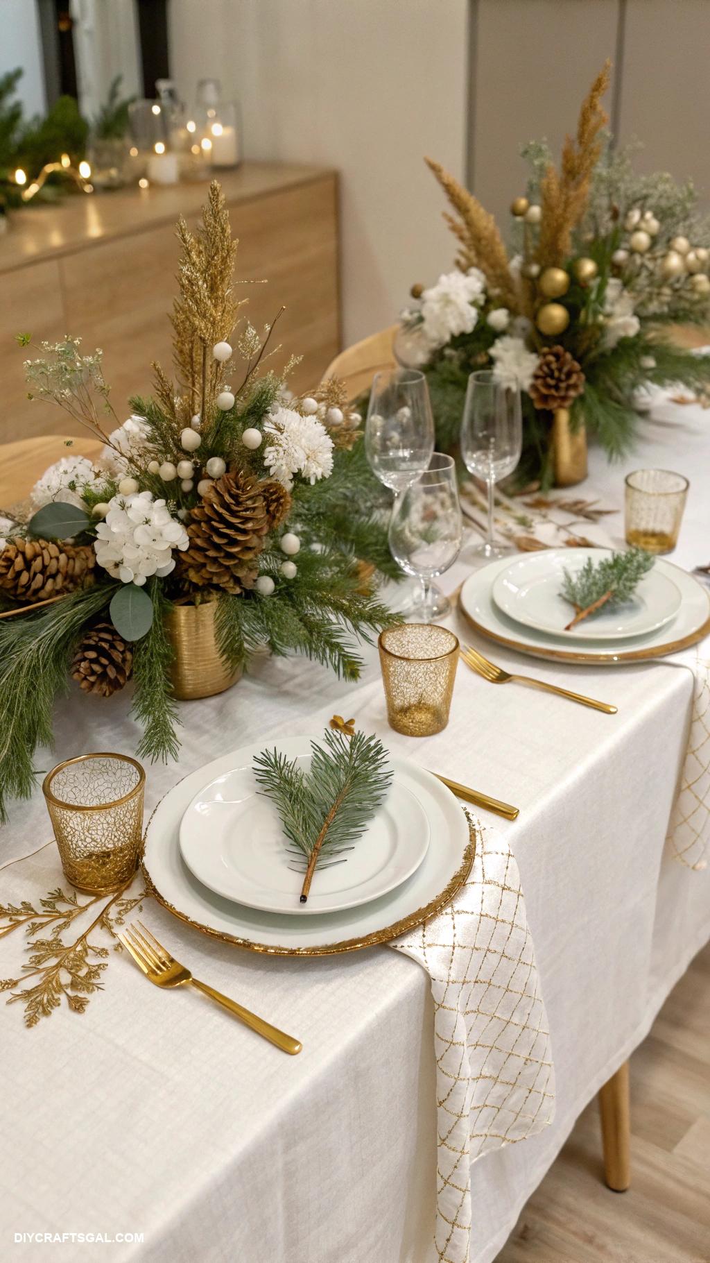 diy christmas table setting ideas Gold spray painted pine branches accents