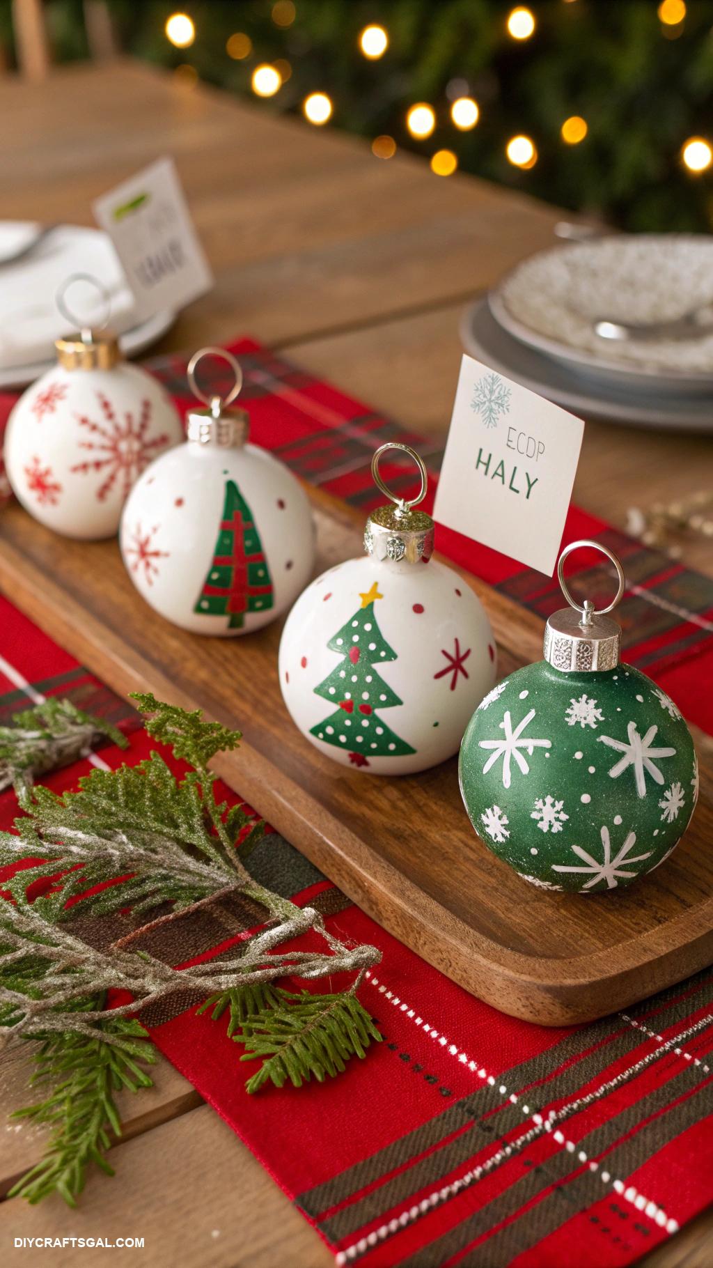 diy christmas table setting ideas Hand painted ornament place card holders