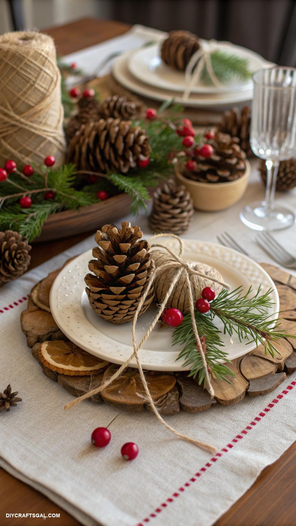 diy christmas table setting ideas Rustic pinecone and twine centerpieces
