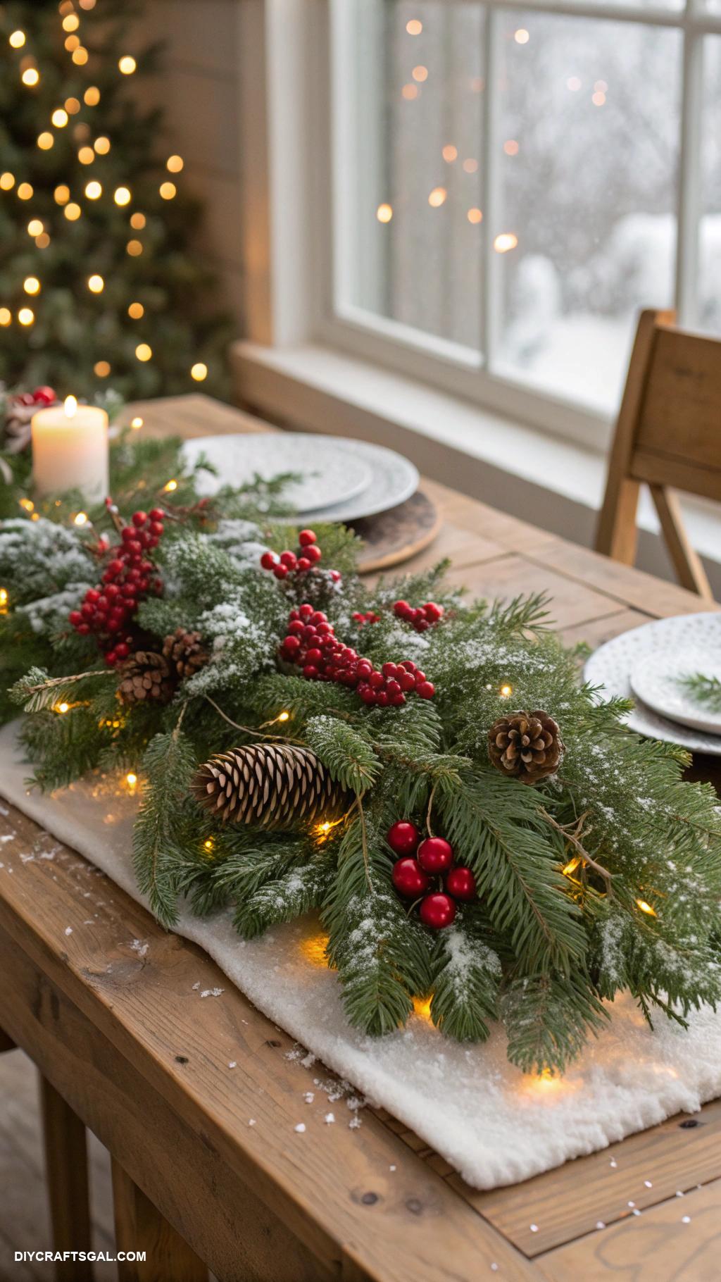 diy christmas table setting ideas Snow dusted evergreen tabletop garland