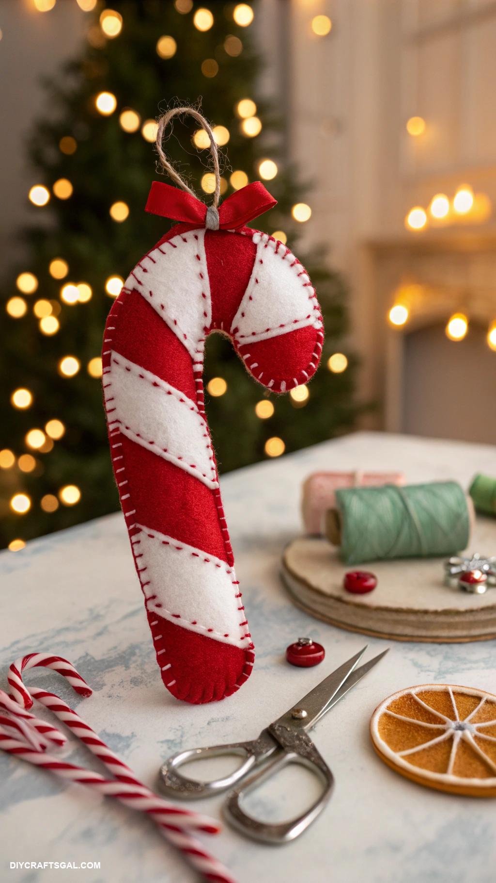 diy felt christmas ornaments Candy cane with striped felt pattern