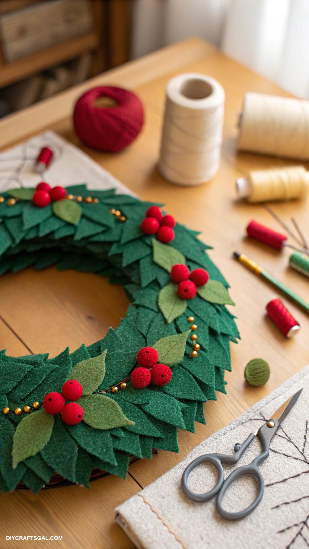 diy felt christmas ornaments Holiday wreath with felt leaves and berries
