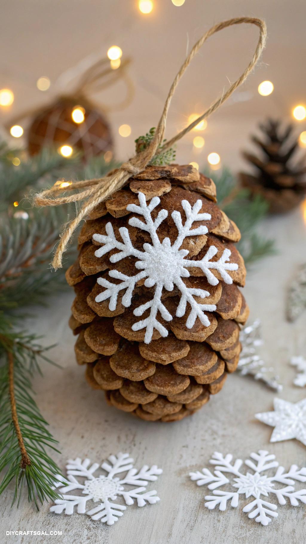 diy felt christmas ornaments Pine cone with felt snowflakes