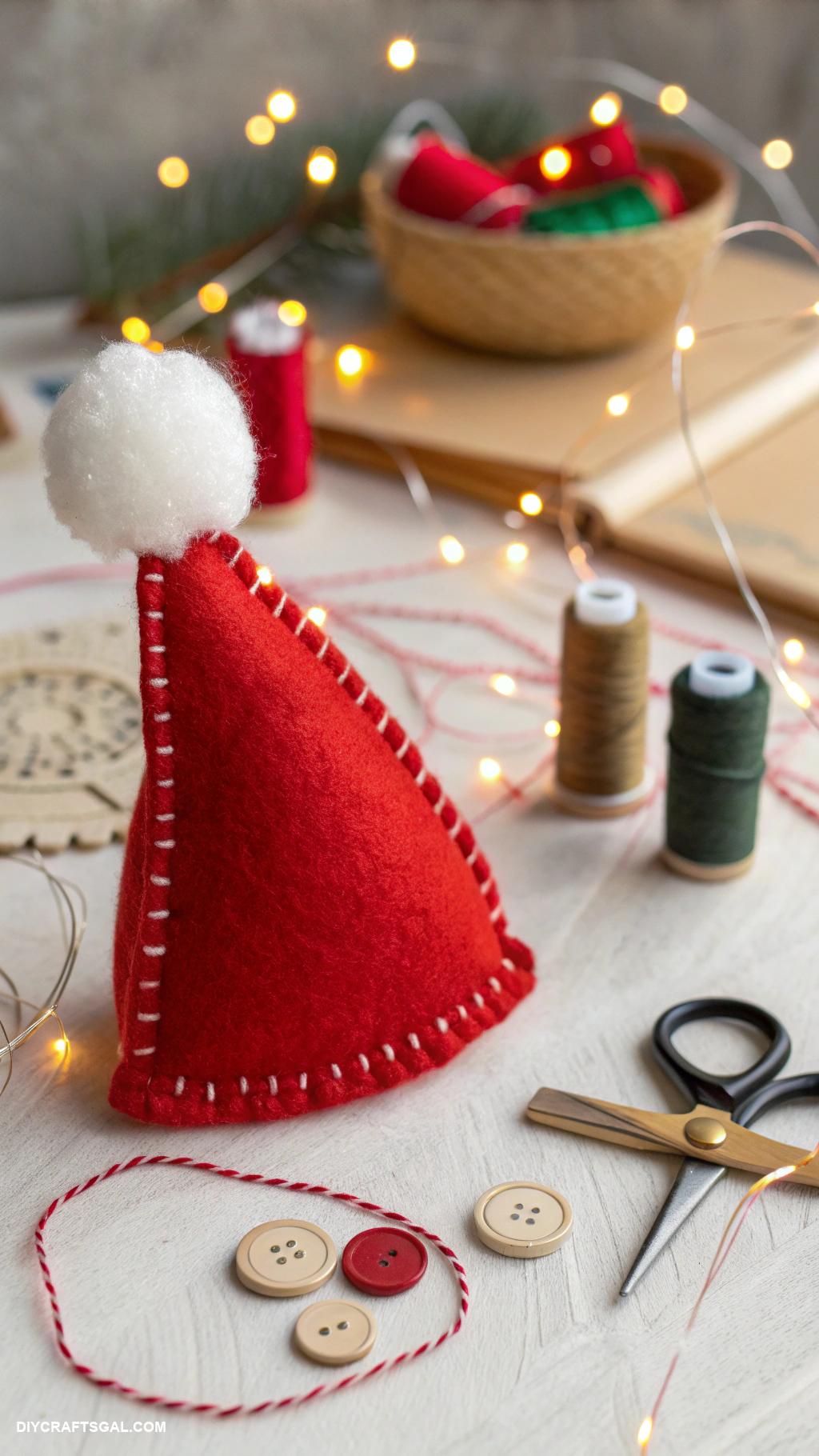 diy felt christmas ornaments Santa hat with fluffy pom pom