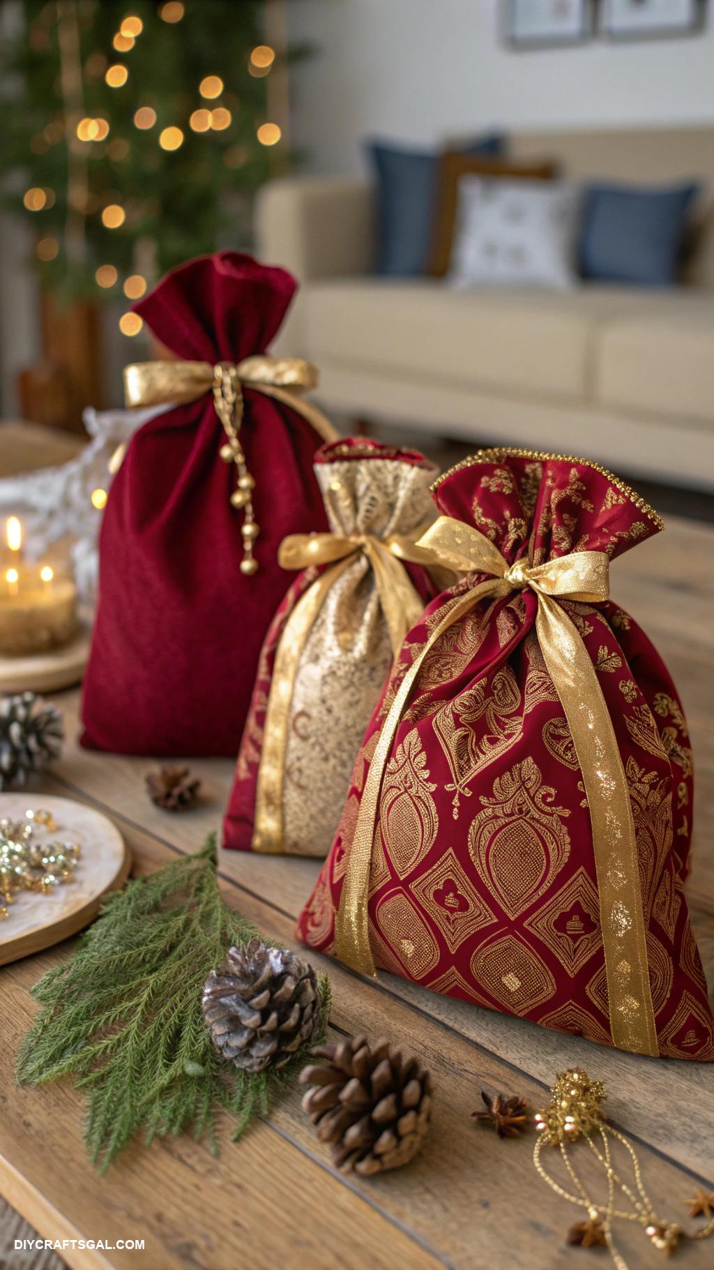diy red and gold christmas decor DIY fabric gift bags in red and gold