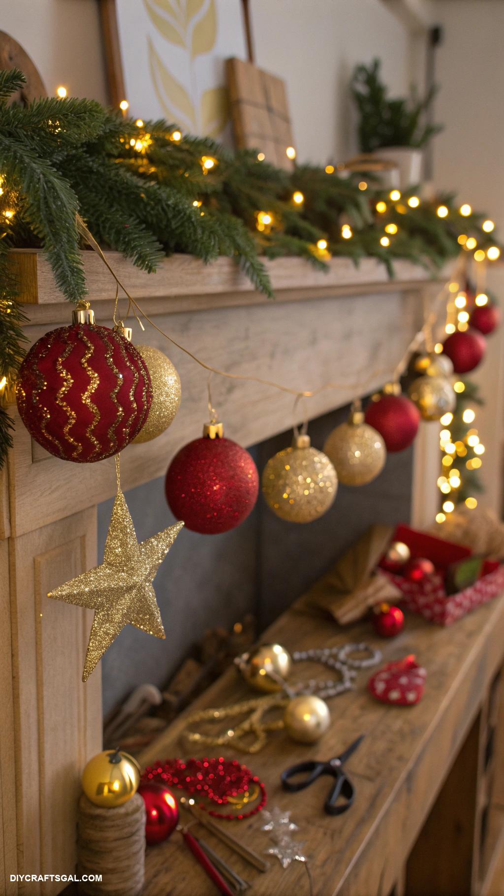 diy red and gold christmas decor Glittery red and gold ornaments garland