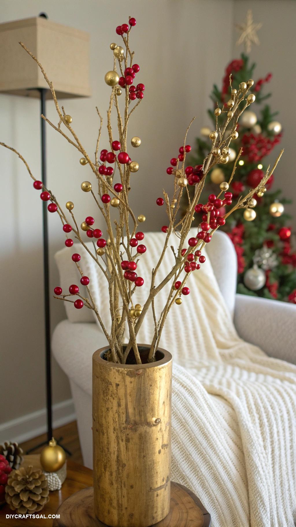 diy red and gold christmas decor Gold spray painted branches with red berries