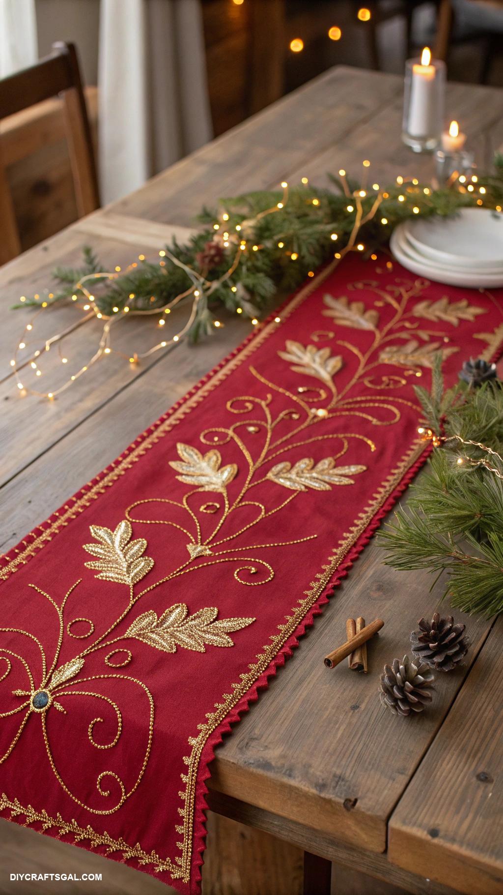 diy red and gold christmas decor Handmade red and gold holiday table runner