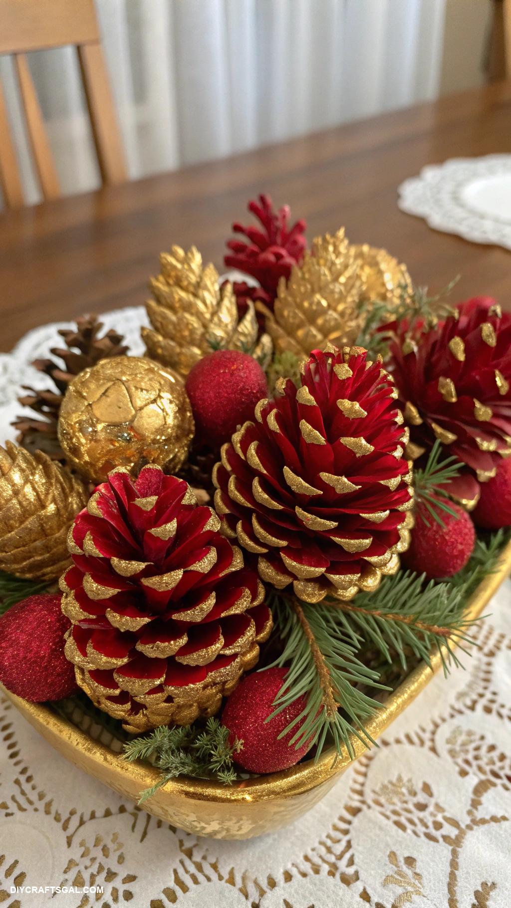 diy red and gold christmas decor Red and gold painted pinecones centerpiece