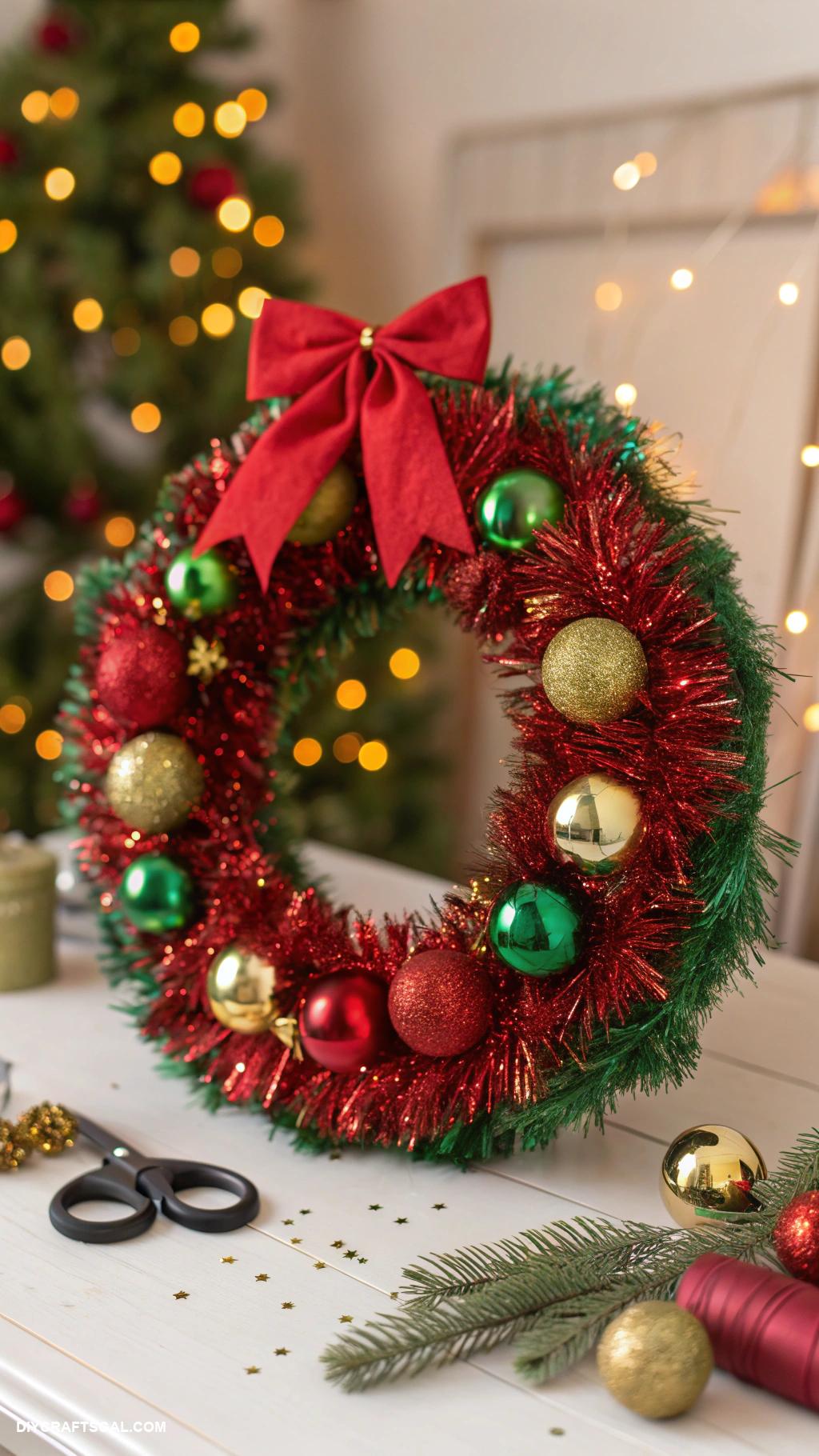dollar tree christmas crafts diy Holiday wreath from tinsel and ornaments